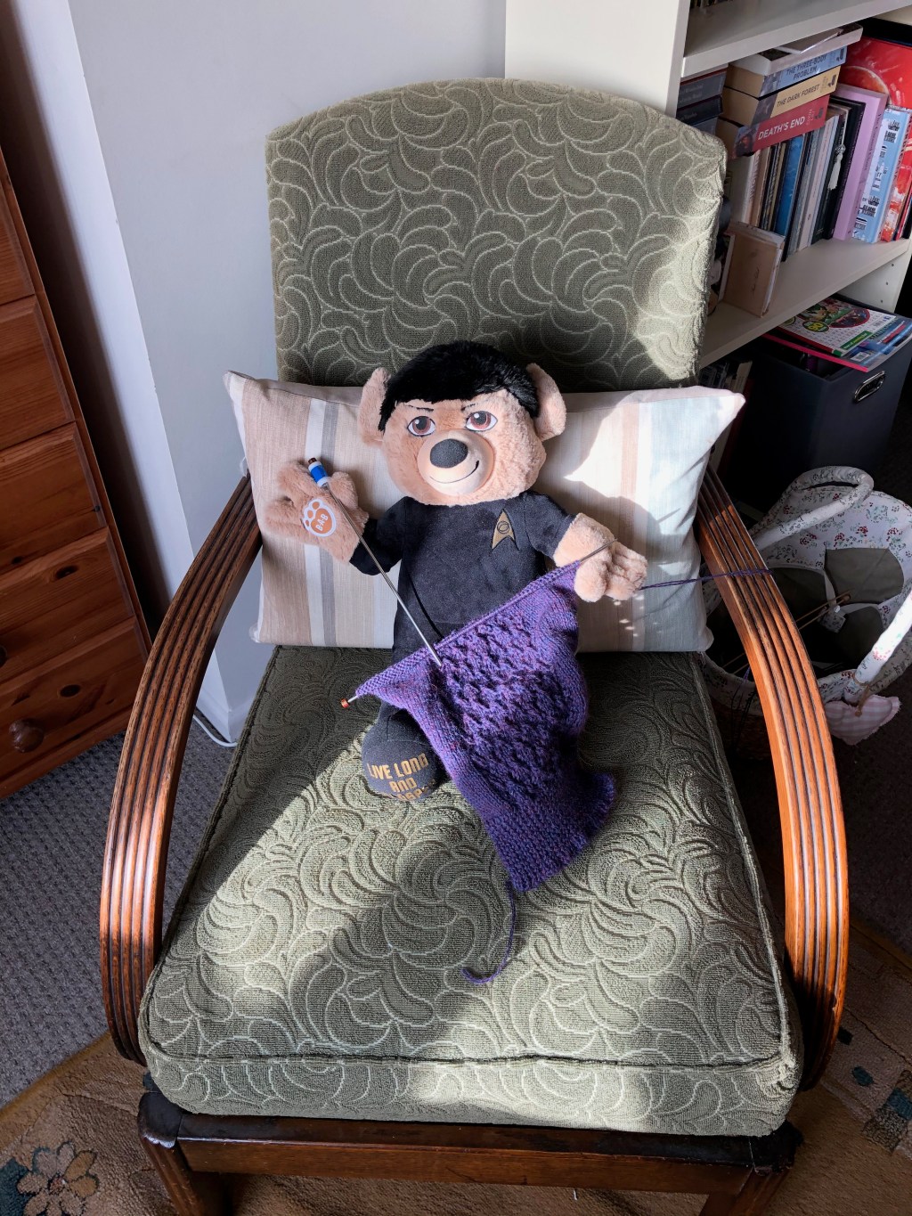 Spock Bear is&nbsp;knitting
